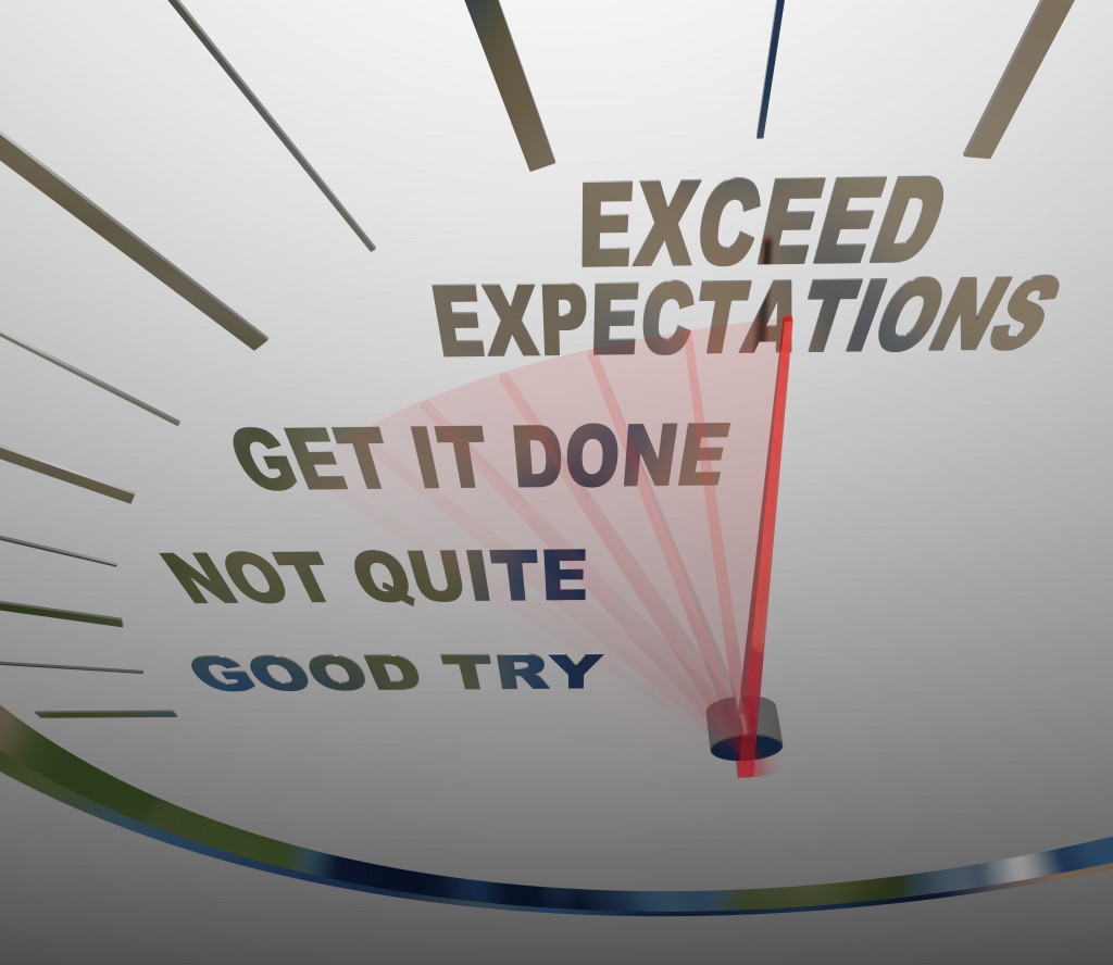 A speedometer with the words Exceed Expectations represents the