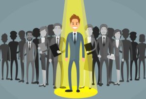 47576345 - businessman spotlight human resource recruitment candidate, business people hire concept flat vector illustration